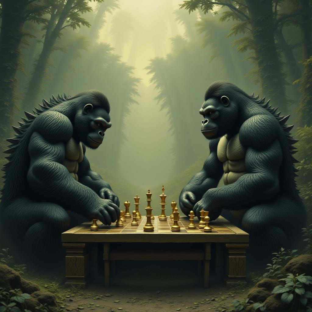 King Kong and Godzilla Play Chess in Jungle