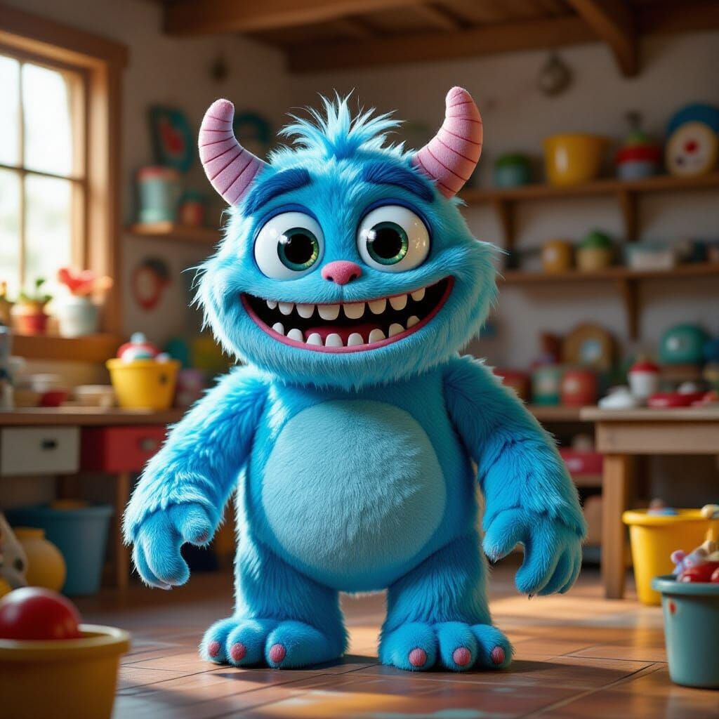 Blue Plush Monster in Toy Workshop 3D Animation