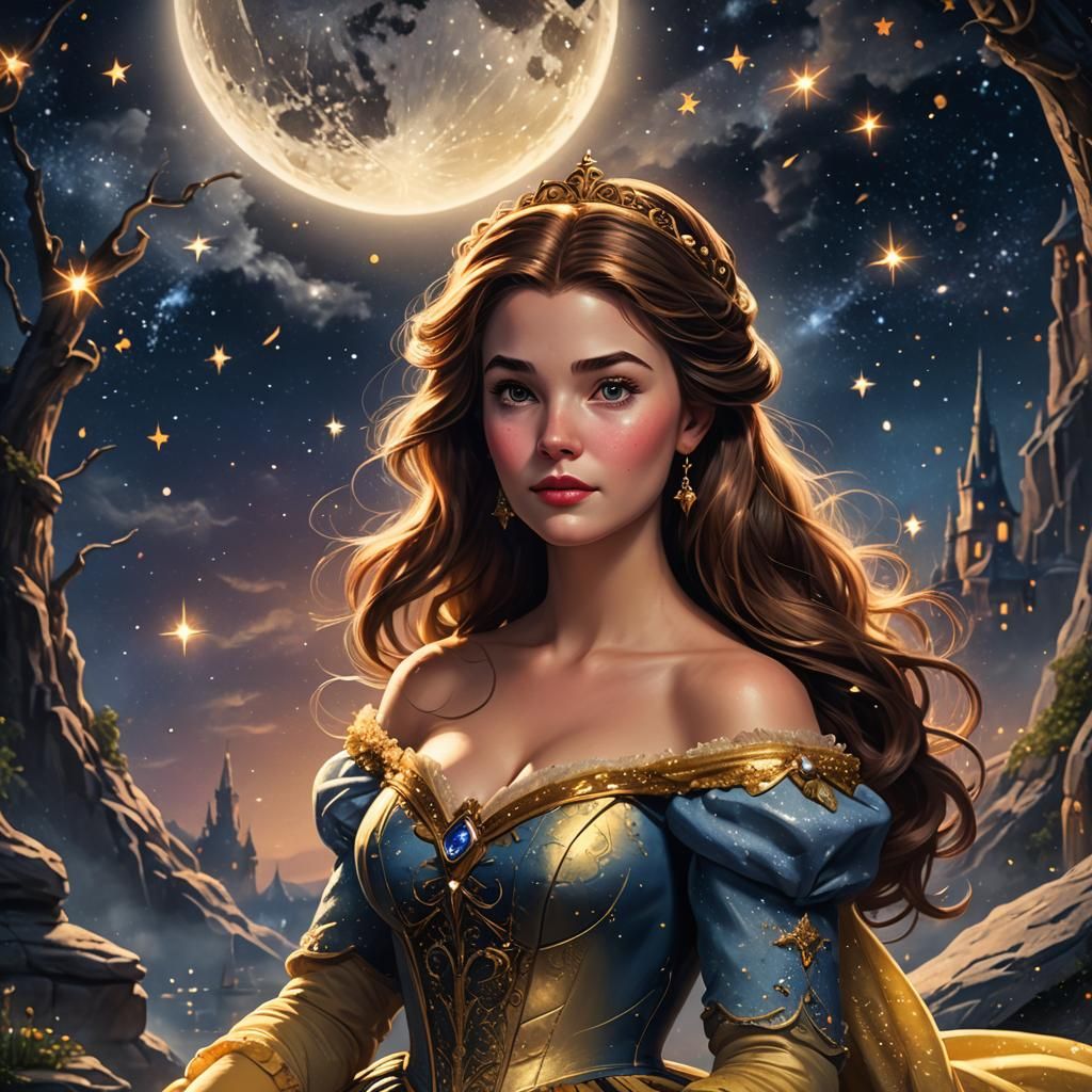 Hyperrealistic Princess Belle in Moonlit Starscape