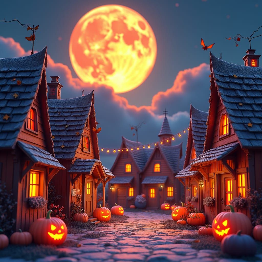 Whimsical Halloween Village at Twilight, Matte Painting