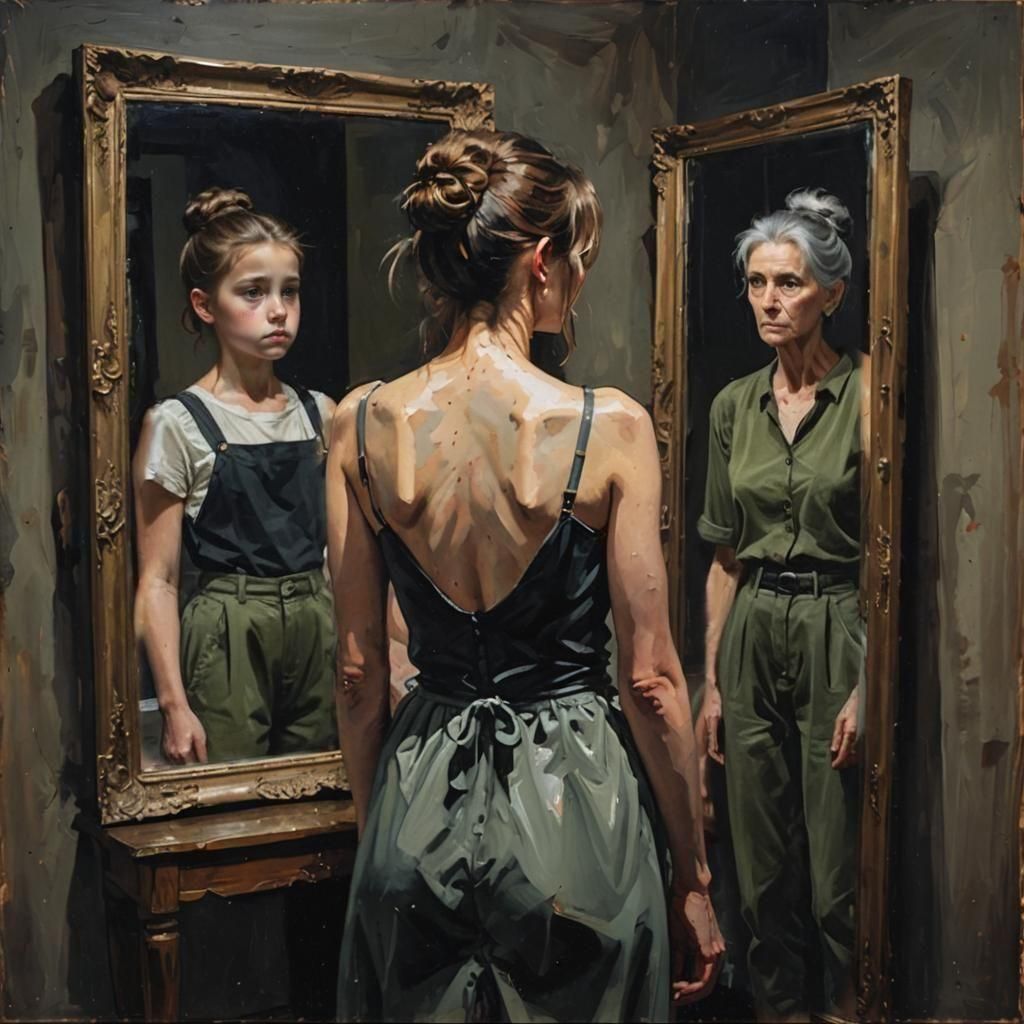 Sad Girl Gazing in Mirror Painting