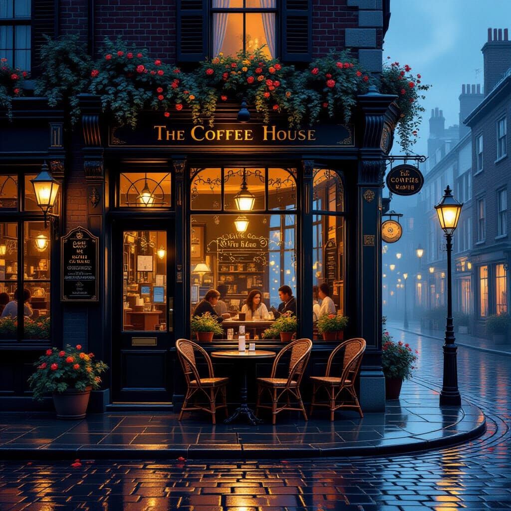 Magical City Street at Dawn with Cozy Cafe Glow