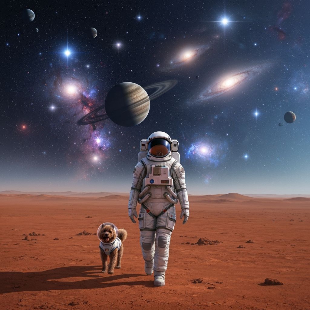 Astronaut and Dog on Mars in Sci-Fi Landscape