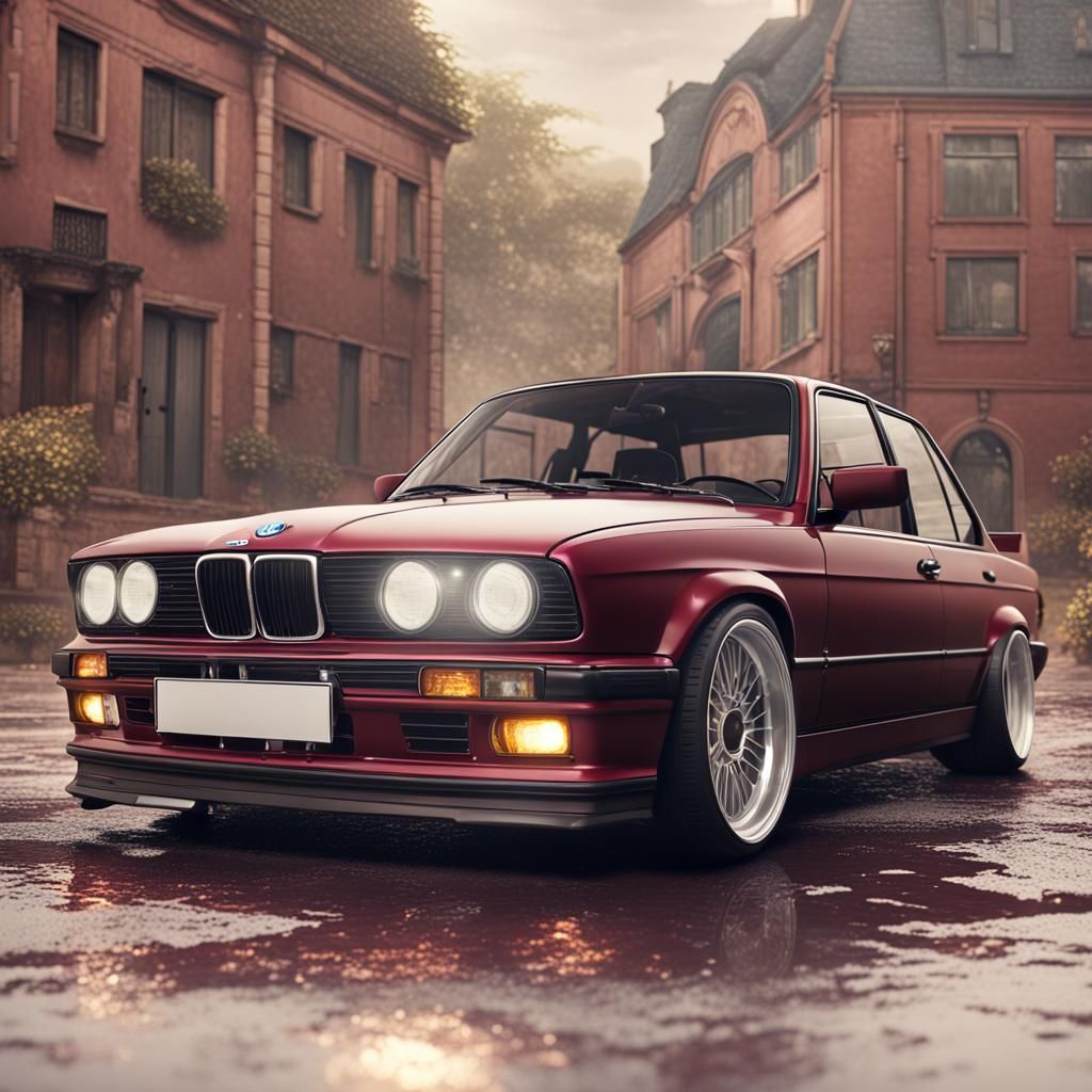 Burgundy BMW E30 Saloon with Silver Wheels