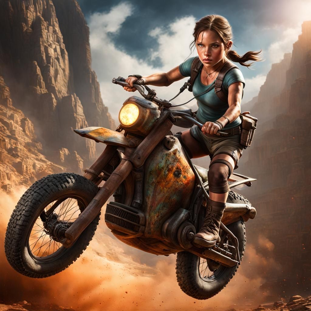 Child Lara Croft Rides Pigbike: Hyperrealistic Action