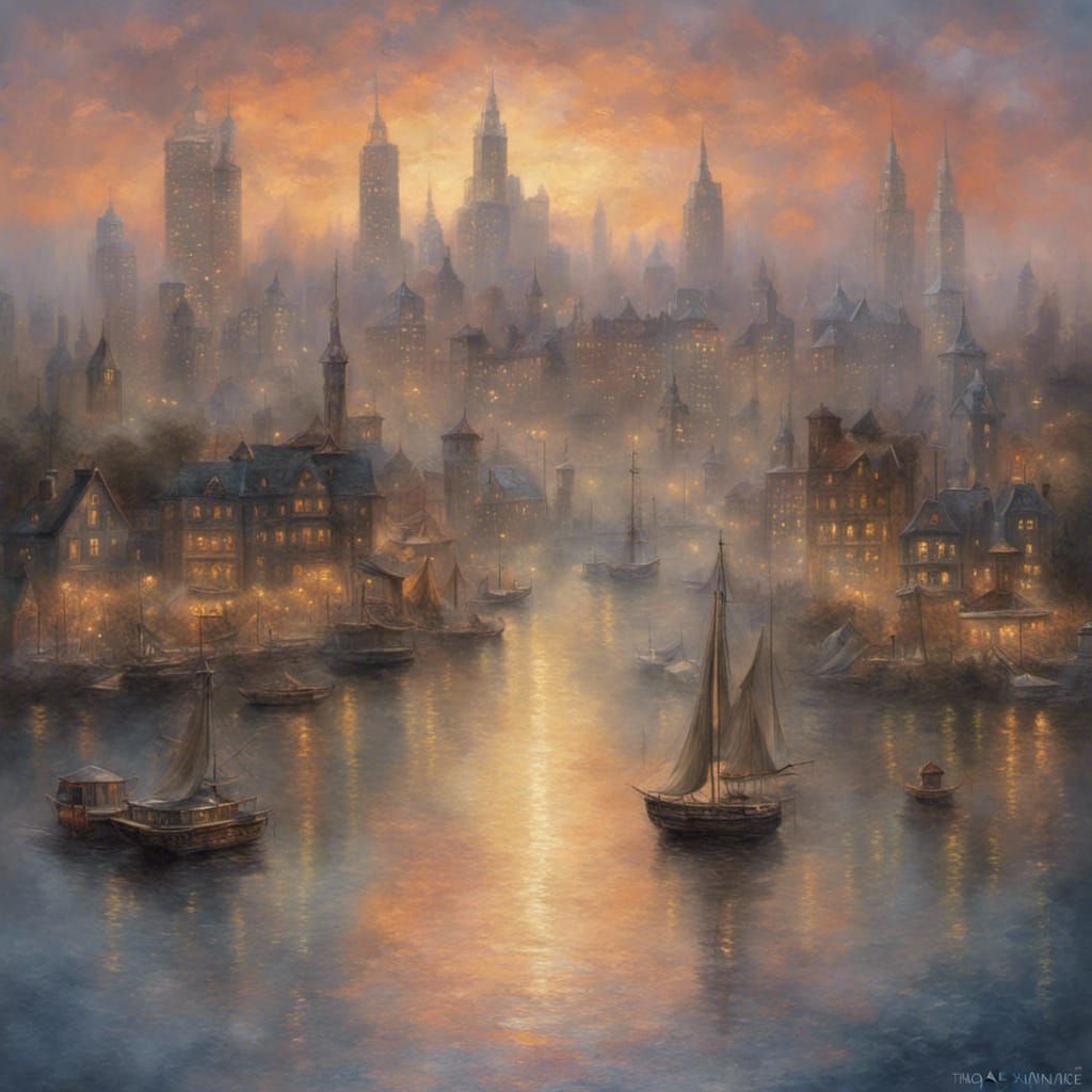 Ethereal Cityscape at Sunset in Fantasy Style