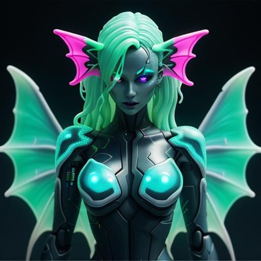 Translucent Woman and Neon Dragons in Cyberpunk Style