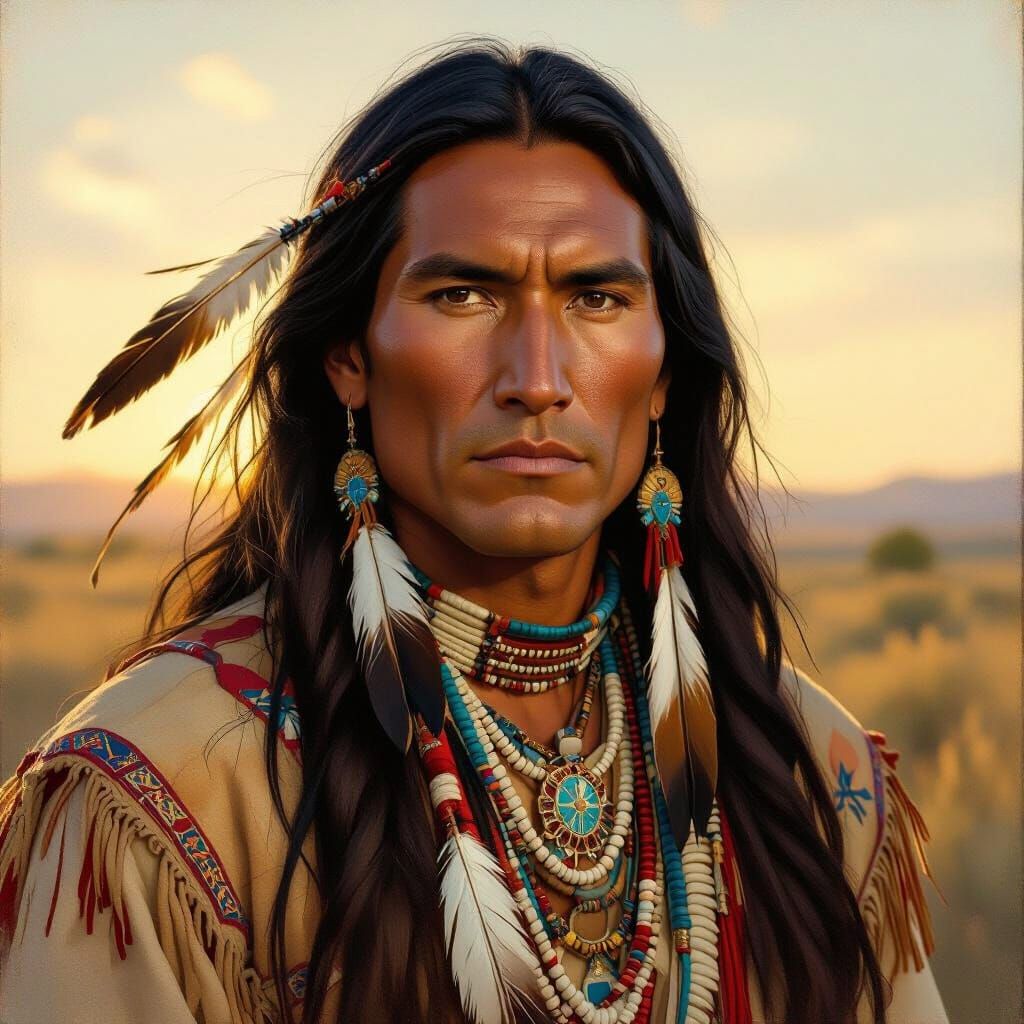 Handsome Native American Man in 1800s Oil Painting Style