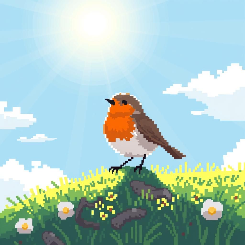 Cute Pixel Art Robin in Sunlight