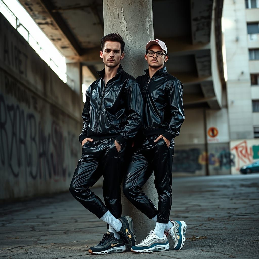 Urban Intimacy: Two Men Under Overpass in PVC Tracksuits