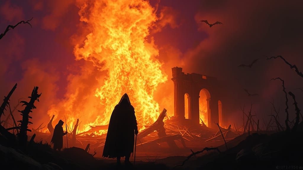 Colossal Bonfire Devours Ancient Ruins in Dark Fantasy Art