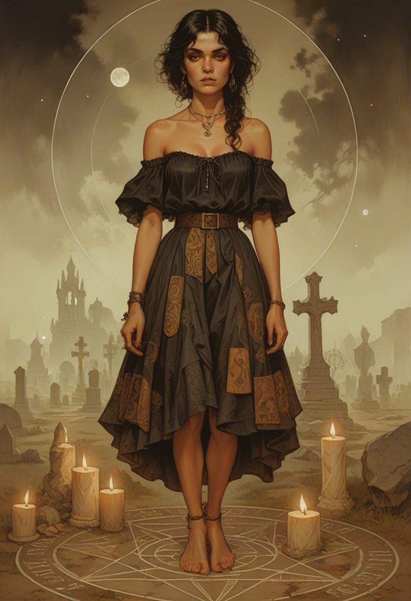 Renaissance Witch in Gothic Graveyard Illustration