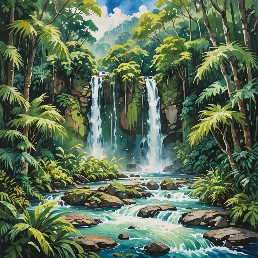 Lush Tropical Waterfall as Gouache Watercolor Painting