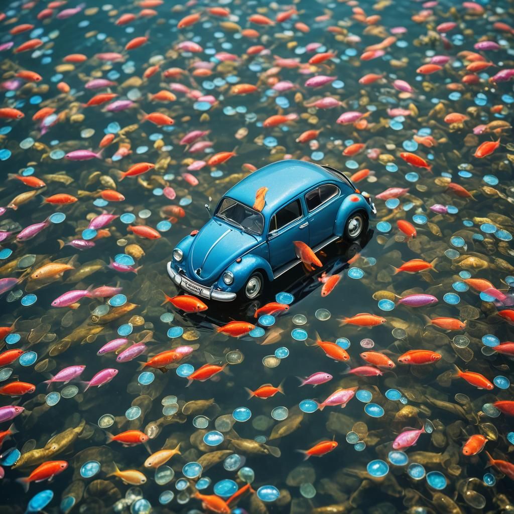 Colorful Fish Swim in Blue VW Beetle