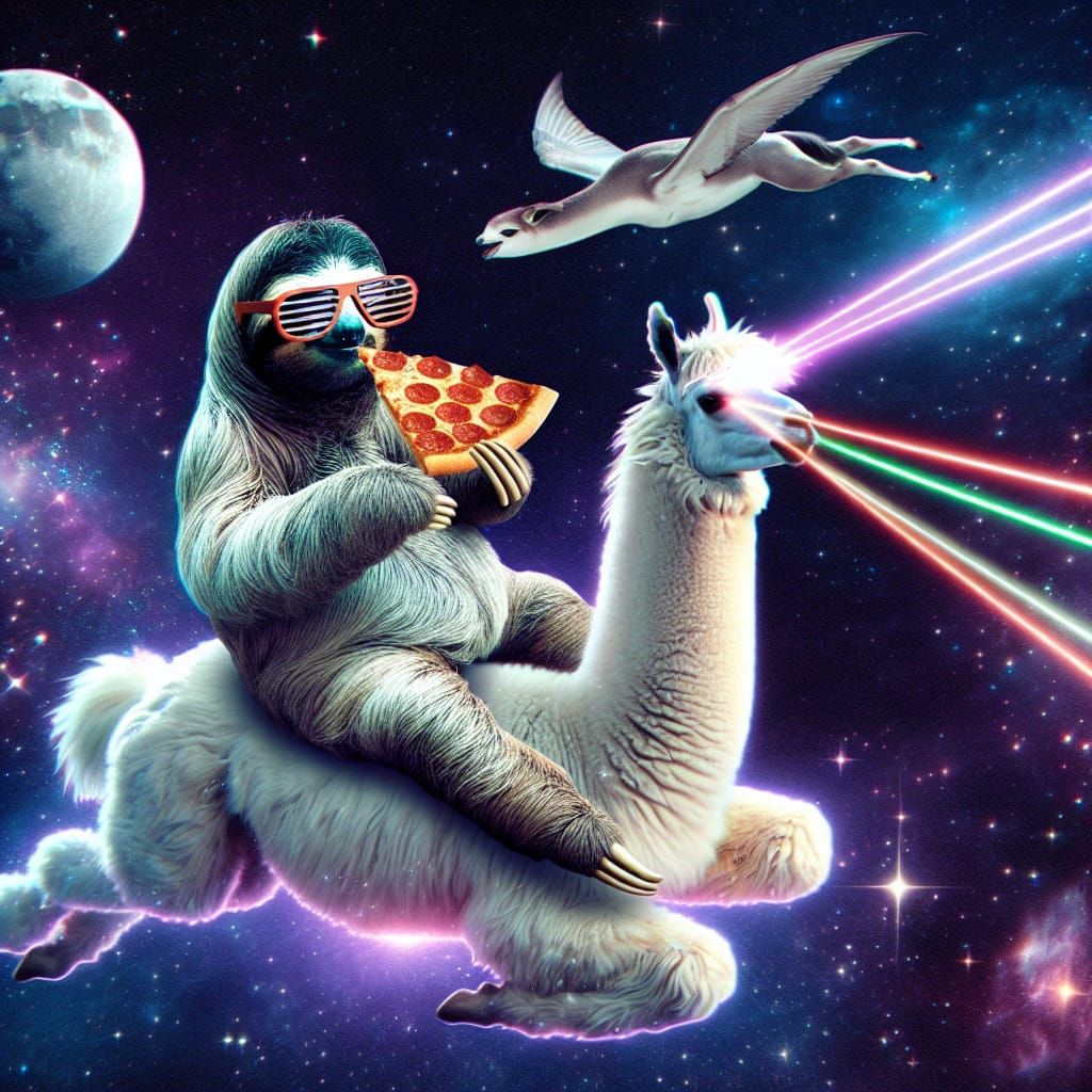 Sloth Rides Alpaca in Space with Pizza