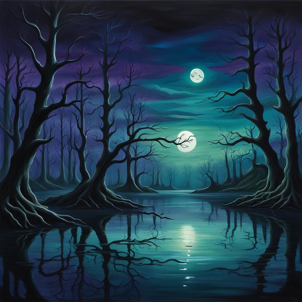 Eerie Dark Fantasy Lake with Faces Beneath Surface