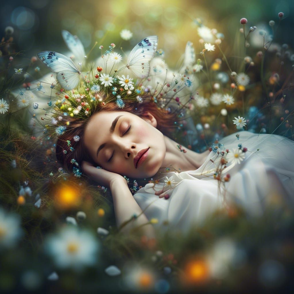 Druid Fairy Sleeping in Spring Meadow Portrait