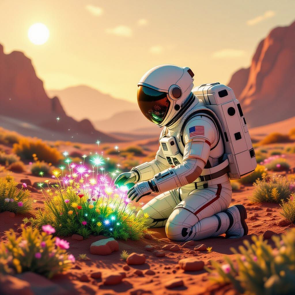 Astronaut Tends Bioluminescent Garden on Mars, Vintage Photo...