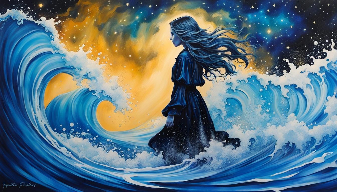 Gothic Warlock Girl Emerges from Inky Galaxy Wave