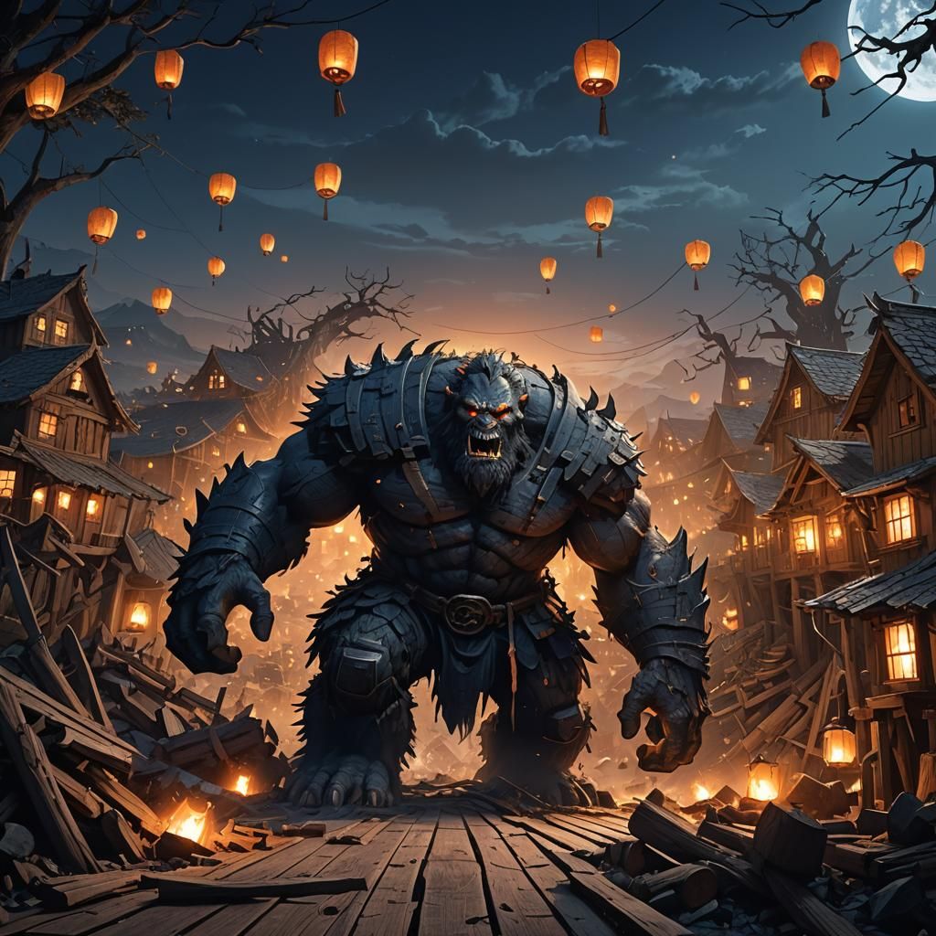 Hill Giant's Midnight Rampage: Fantasy Concept Art