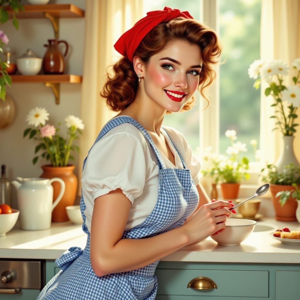 Vintage Pin-Up Girl in Kitchen, Nostalgic Art Style