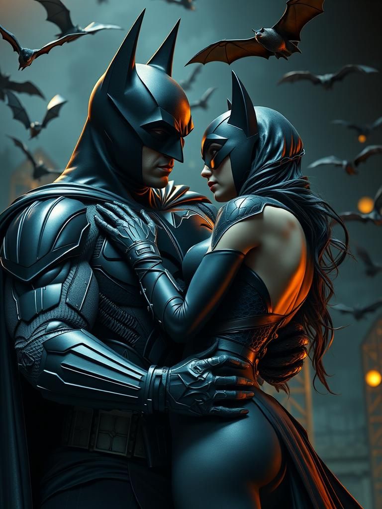 Batman Grasping Catwoman in Dramatic Batcave Scene