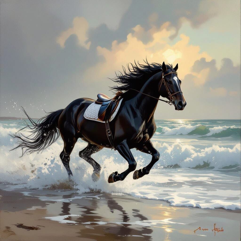 Black Horse Galloping on Misty Shoreline