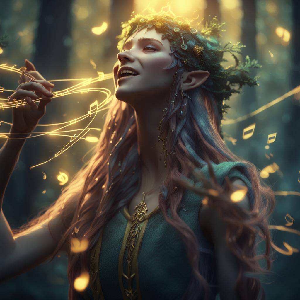 Elf Singing with Musical Hair in Mystic Forest