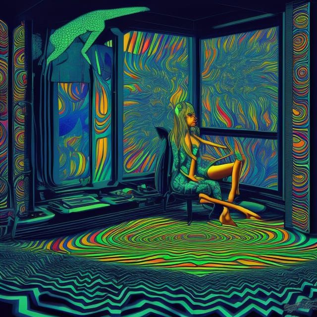 Psychedelic Optical Illusion Room with Woman