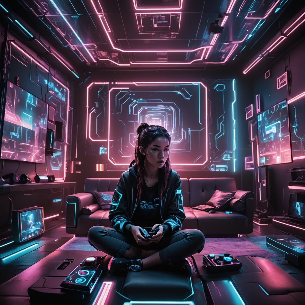 Cyberpunk Gaming Scene with Holographic Screens