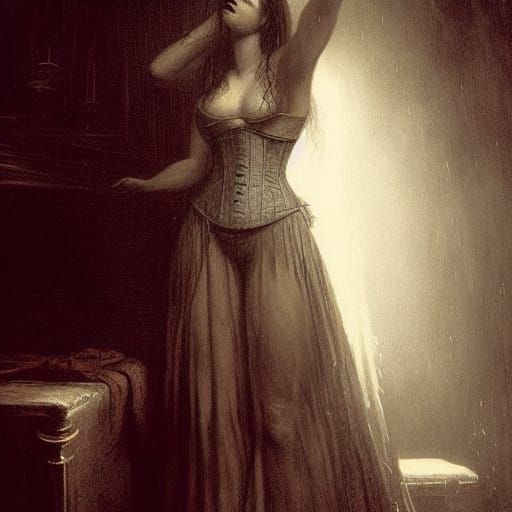 Angst-Ridden Woman in Corset: A Horror Art Piece