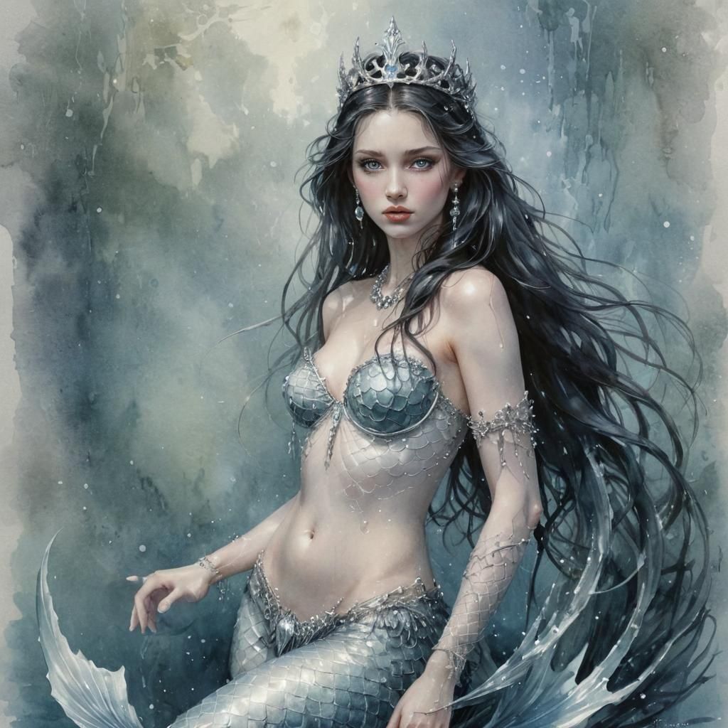 Gothic Mermaid in Sunken Graveyard, Watercolor Style