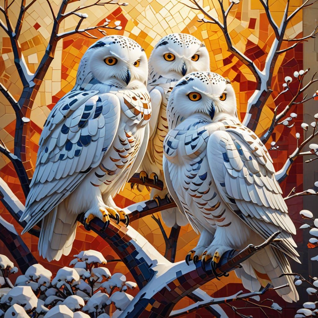 Cubist Snowy Owls in Geometric Mosaic Style
