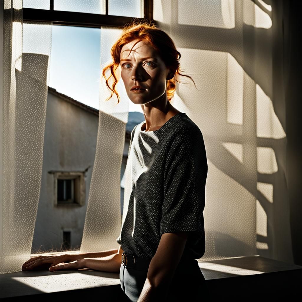 Freckled Woman Portrait with Light and Shadow Play