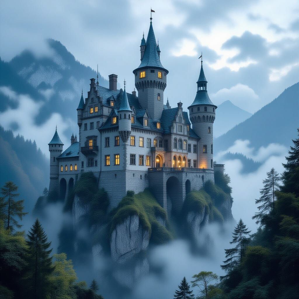 Majestic Castle on Floating Rock, Gustave Doré Style