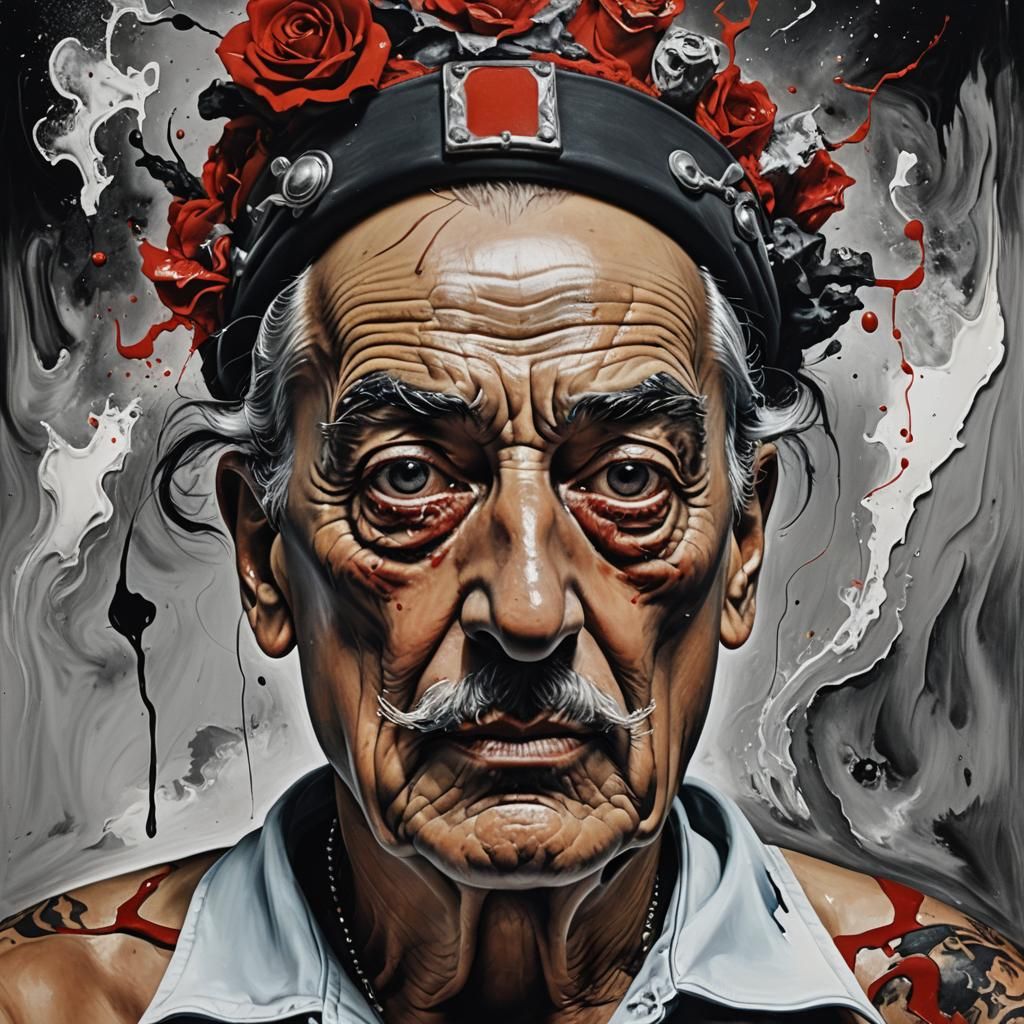Surreal Portrait of Grandpa with Red Tattoos as Impasto Pain...