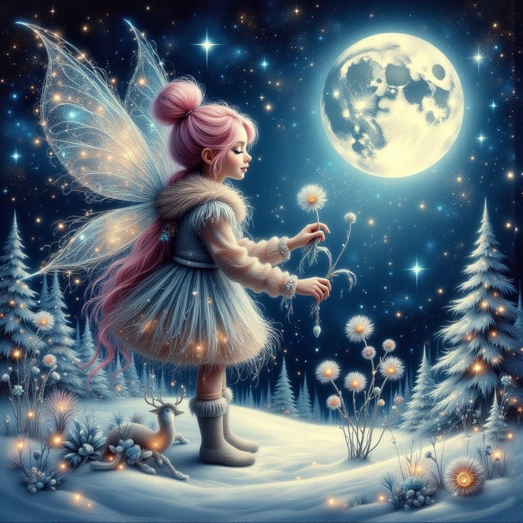 Whimsical Pixie Waters Winter Flowers Under Ethereal Moonlig...