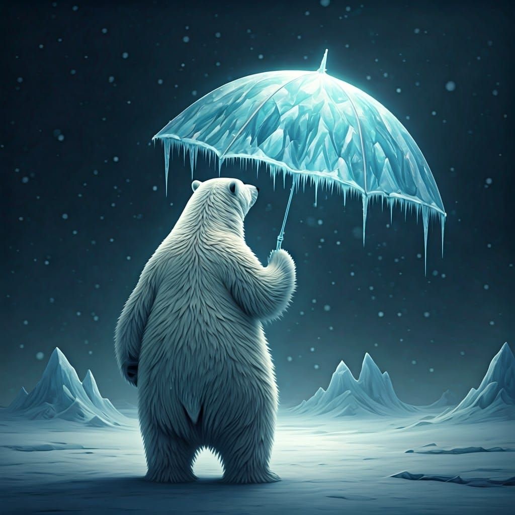 Majestic Polar Bear Holds Iceberg Umbrella in Snowy Scene