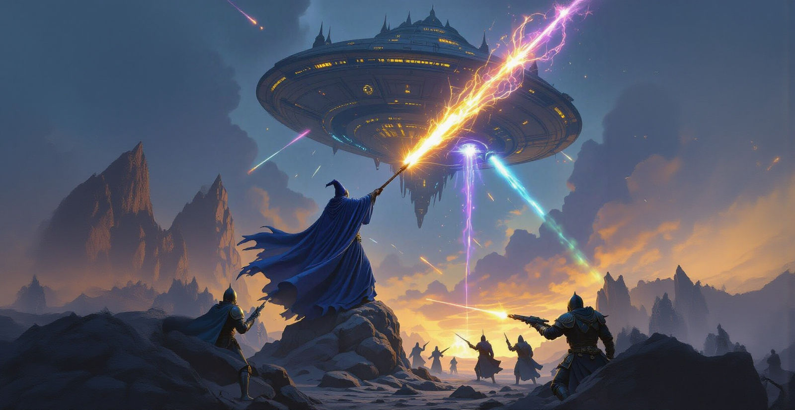 Wizard Battles Alien Spaceship in Dark Fantasy Art