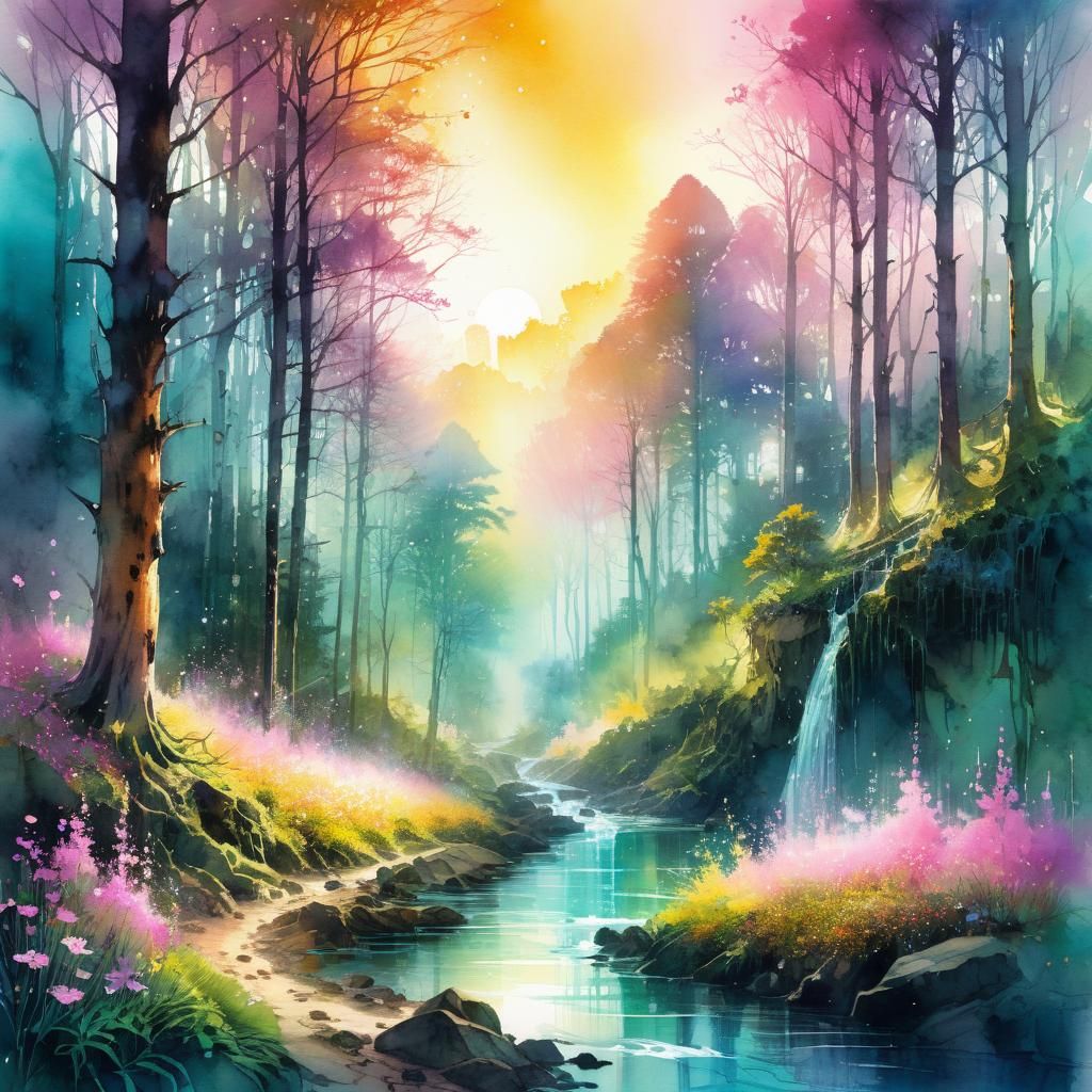 Spring Forest Watercolor Dreamscape with River