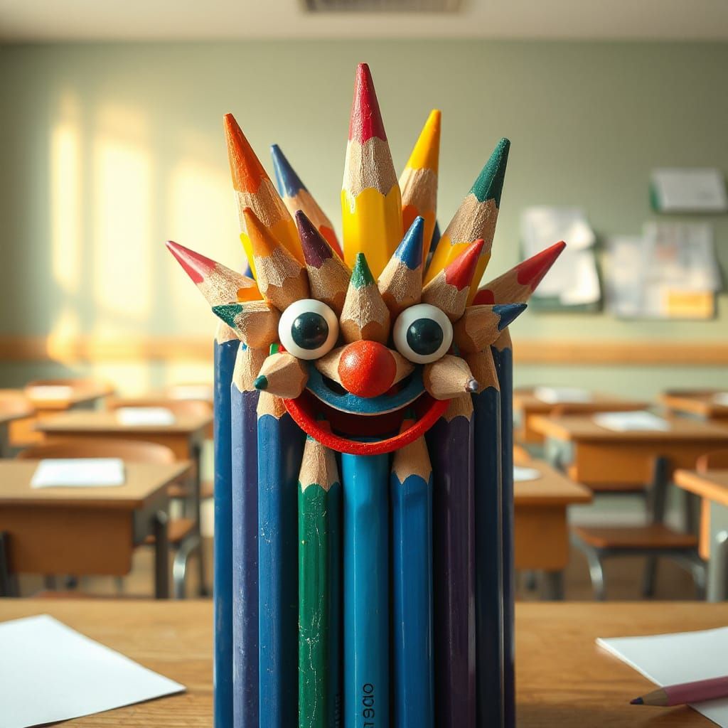 Vibrant Pencil Portrait in Whimsical Classroom Setting