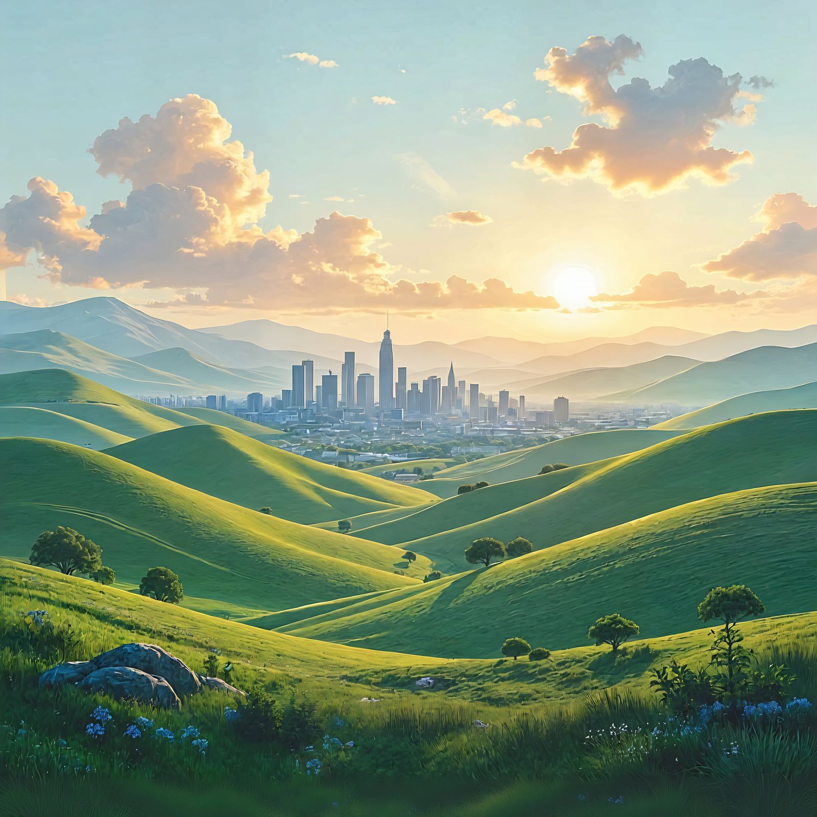 Serene Solarpunk Landscape in Airbrush Style