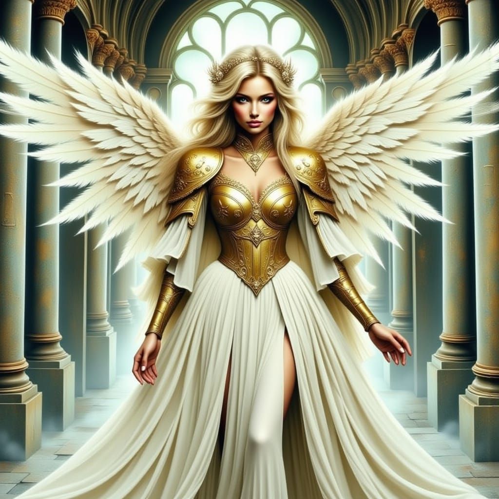 Blonde Angel in Gold Armor, Realistic Photograph