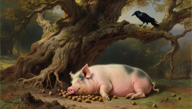 Pig Sleeps Under Ancient Oak Tree After Eating Acorns