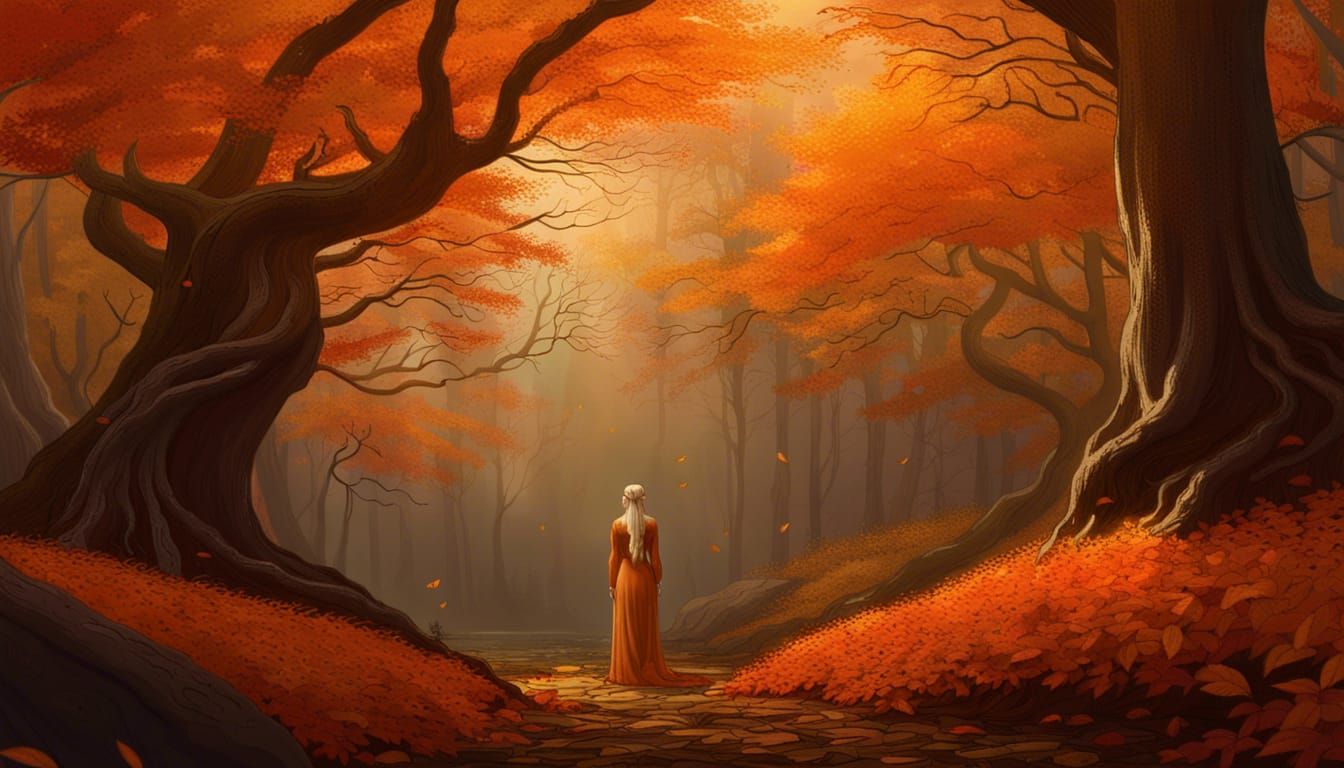 Elven Woman in Autumn Forest Landscape Art