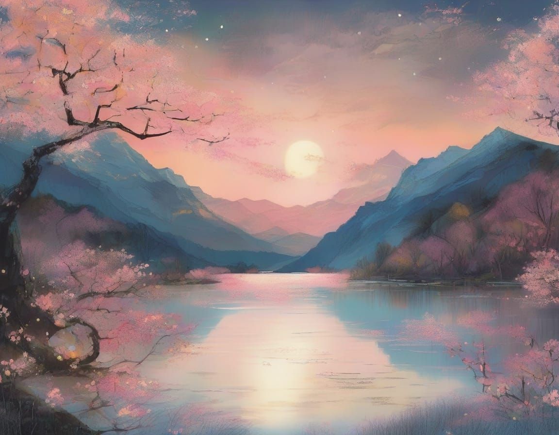 Surreal Moonlit Meadow Under a Full Moon