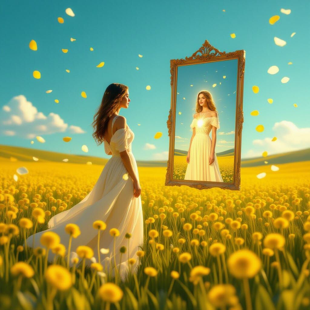 A serene surreal scene depicting personal growth and self-lo...