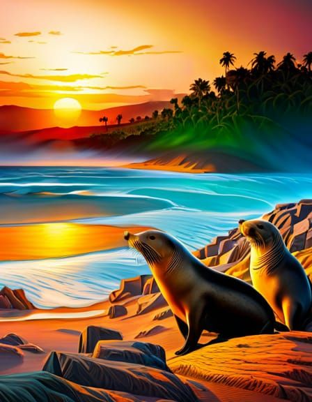 Sea Lions at Sunrise: Detailed Digital Art