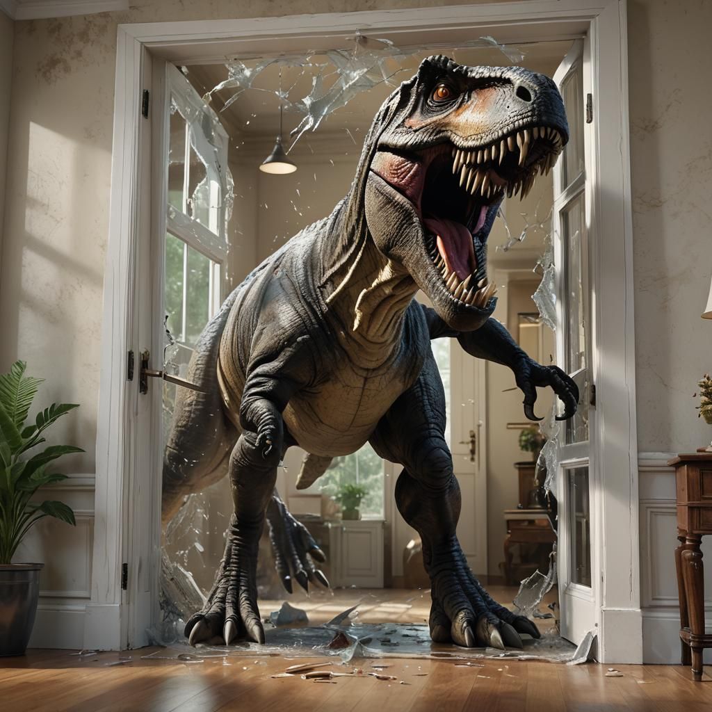 T-Rex Busts Through French Doors in High Definition