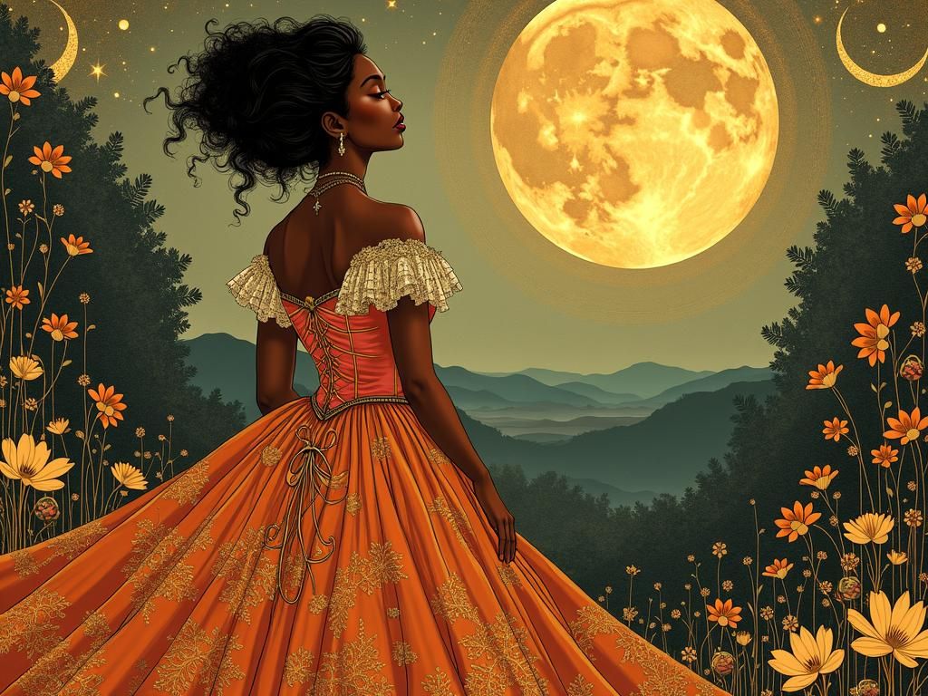 Black Woman in Art Nouveau Gown Gazing at Moon